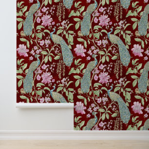 Papier Peint Rouges Chinoiserie paon peigne et bâton fleuri