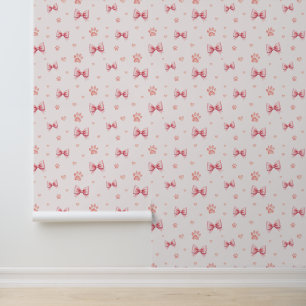 Papier Peint Ruban rose, Coeur et Motif Empreinte de patte - Ro