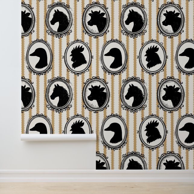 Papier Peint Rustic Farm Kitchen Barnyard Black & Khaki Stripe (Application)