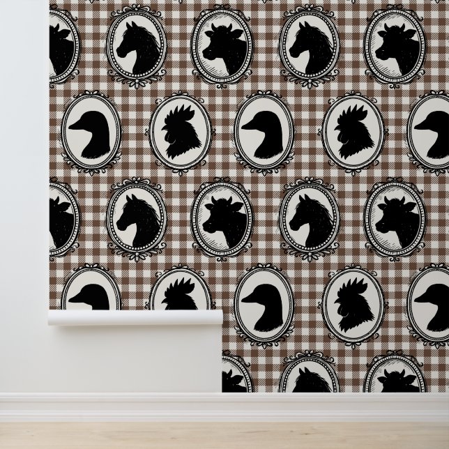Papier Peint Rustic Farm Kitchen Barnyard Gingham Black & Mocha (Application)
