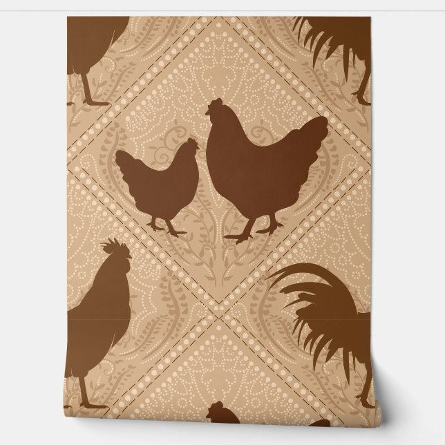 Papier Peint Rustic Farmhouse Hen Pattern – In Warm Brown  (Déroulement)