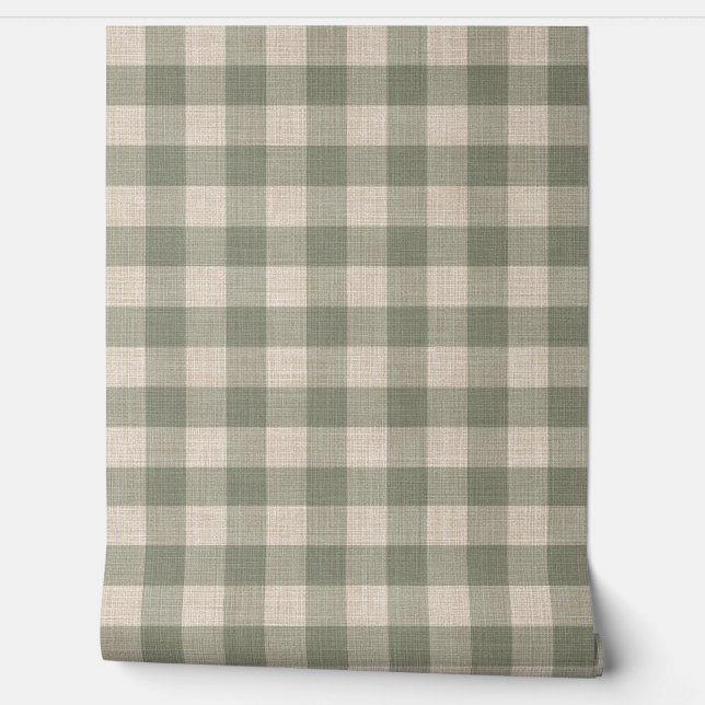 Papier Peint Rustic Linen Buffalo Check Beige and Green Plaid (Déroulement)