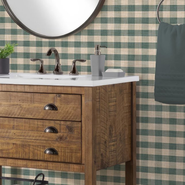 Papier Peint Rustic Linen Look Buffalo Check Plaid Blue n Tan (rustic masculine mountain lodge cabin styled buffalo check plaid in dusty blue green and creamy tan
)