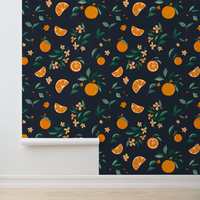 Papier Peint Rustique Orange Orchard Dark Navy (Application)