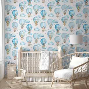 Papier Peint Safari Animaux Blue Hot Air Balloons Nuages Etoile