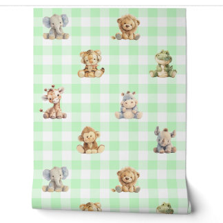 Papier Peint Safari Animaux Jouets Green Plaid Baby Nursery