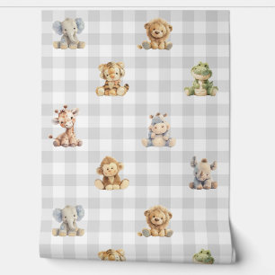 Papier Peint Safari Animaux Jouets Gris Plaid Baby Boy Nursery