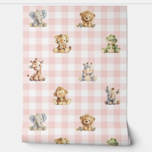 Papier Peint Safari Animaux Jouets Pink Plaid Baby Girl Nursery