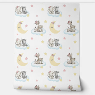Papier Peint Safari Animaux Nuages Étoiles Lune Baby Girl Nurse