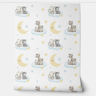 Papier Peint Safari Animaux Nuages Étoiles Lune Baby Nursery
