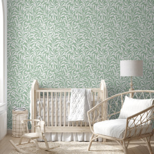 Papier Peint Sage Vert et Branche de Saule Blanc