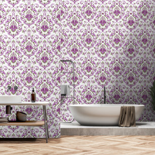 Papier Peint Sage vert et pourpre Damask Floral peler et bâton