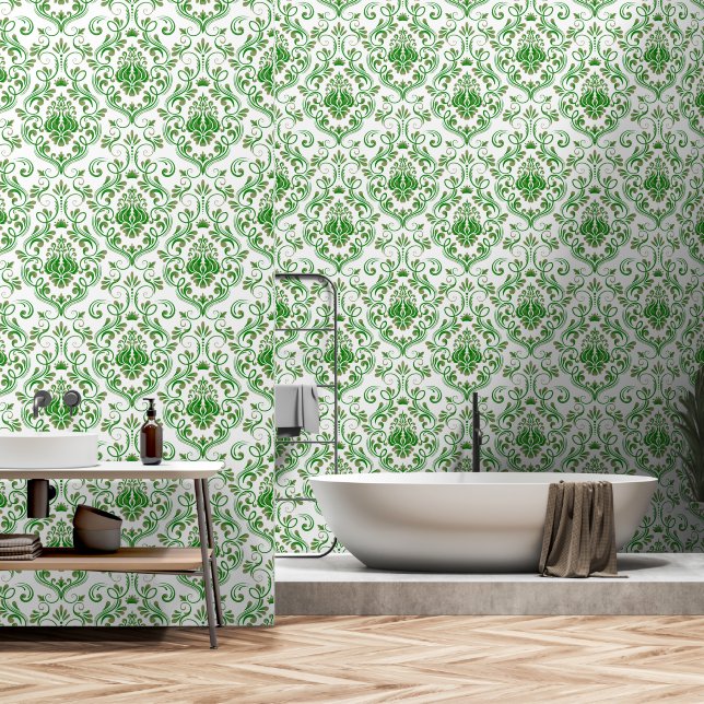 Papier Peint Sage vert et vert Damask Floral peint et bâton (Salle de bain)