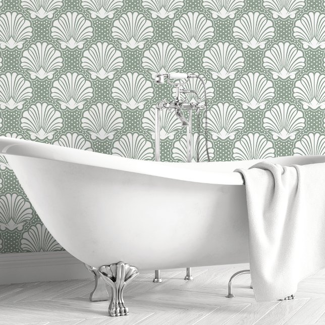 Papier Peint Salle de bain côtière de Sage Green et White Seash (Créateur téléchargé)