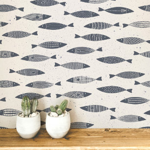 Papier Peint Sardine Poisson Indigo Bleu Crème