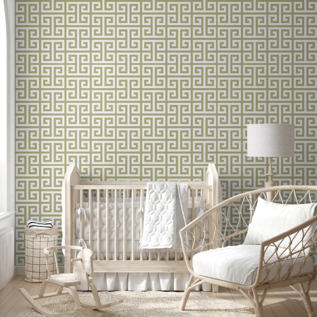 Papier Peint Sauge séchée et clé grecque blanche (Enfants)