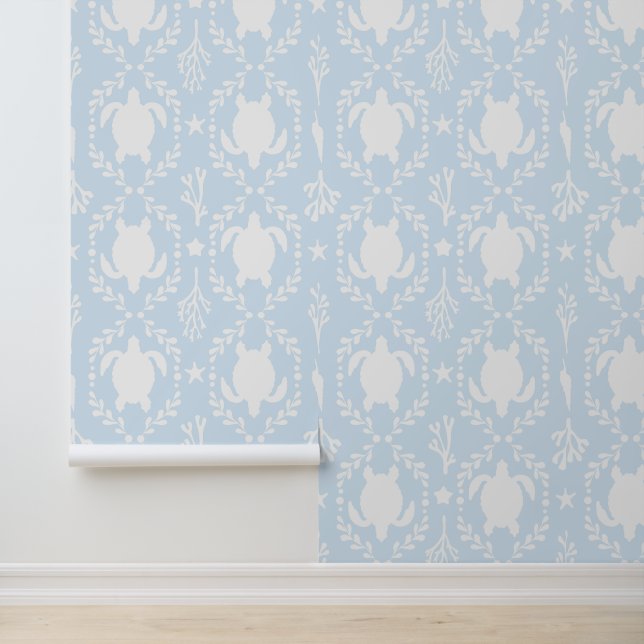Papier Peint Sea Turtles Coastal White and Light Blue (Application)