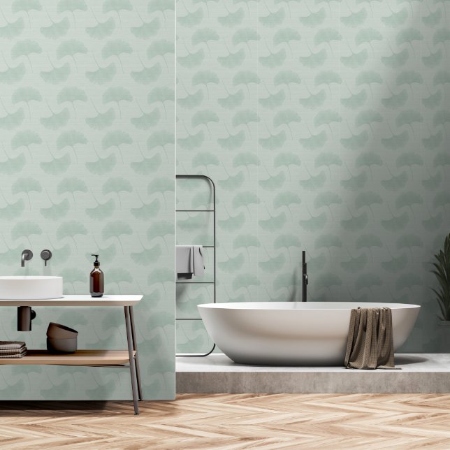 Papier Peint Serene Pastel Green & Mint Texture Gingko Feuille (Salle de bain)