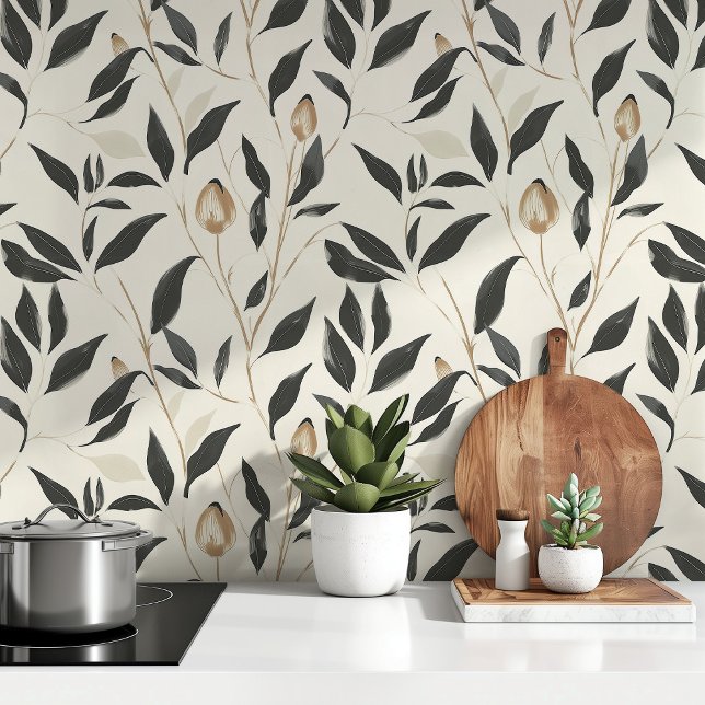 Papier Peint Sérénité botanique moderne - Floral noir & beige (Créateur téléchargé)
