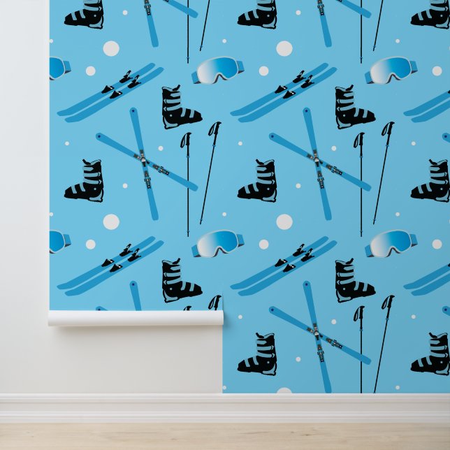 Papier Peint Ski School Snow Sports Blue Skiing Pattern (Application)