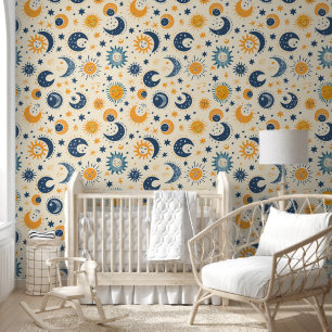 Papier Peint Soleil et Lune Bleu Jaune