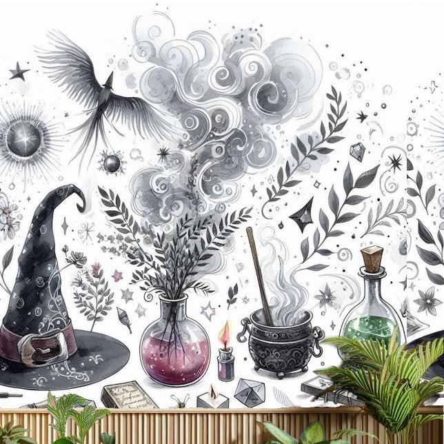 Papier Peint Sorcière Casquette potion magique Brew Cauldron He (Witch Hat Magic Potion Brew Cauldron Herbs Recipe Wallpaper)