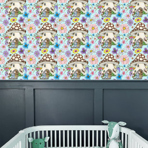Papier Peint Souris Fantastique Maison Champignon Floral Bleu