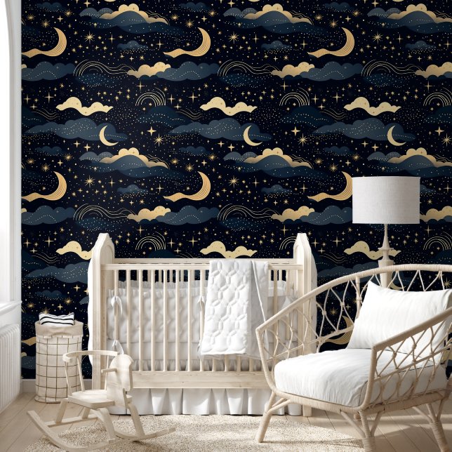 Papier Peint Stars Lune Céleste Luxueux (Enfants)