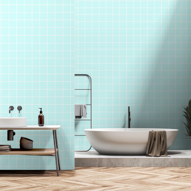 Papier Peint Style de mosaïque Turquoise clair rayé blanc (Salle de bain)