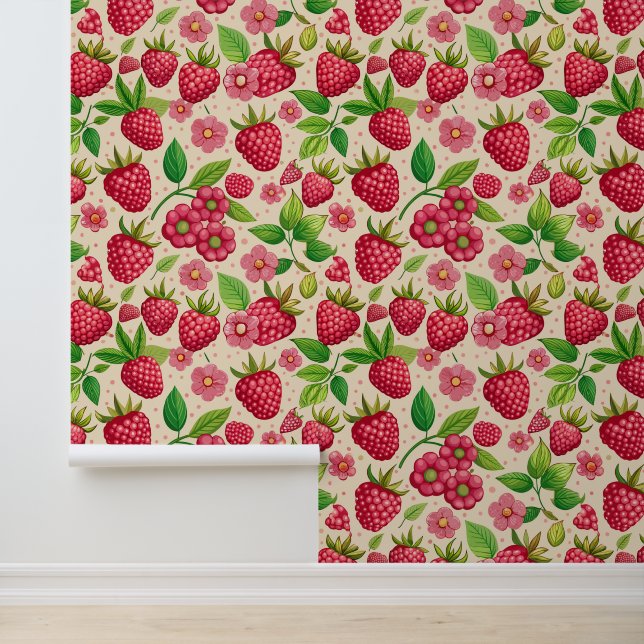 Papier Peint Summer Raspberry Garden Botanical Fruit Pattern (Application)