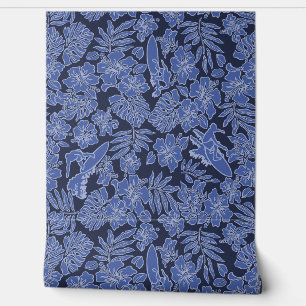 Papier Peint Surf Pareau Hawaïen Hibiscus Surfing Blues