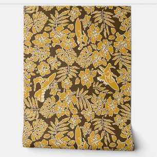 Papier Peint Surf Pareau Hawaiian Hibiscus Surfing Gold