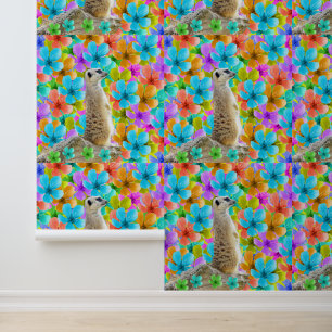 Papier Peint Suricate et fleurs multicolores,