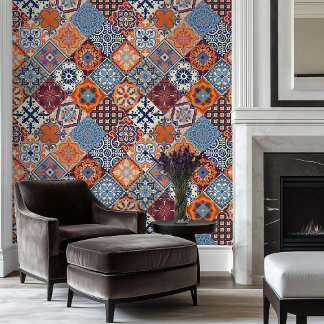 Papier Peint Talavera Tles Bleu Orange Crème Rouge Bourgogne