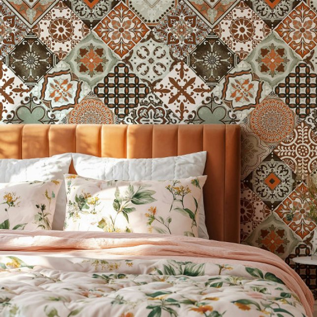 Papier Peint Talavera Tles Vert Sage Orange Marron  (Créateur téléchargé)