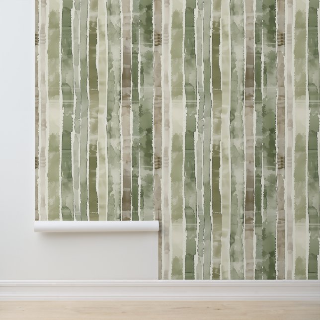 Papier Peint Tan Taupe Sage Vert Rayures Aquarelle (Application)