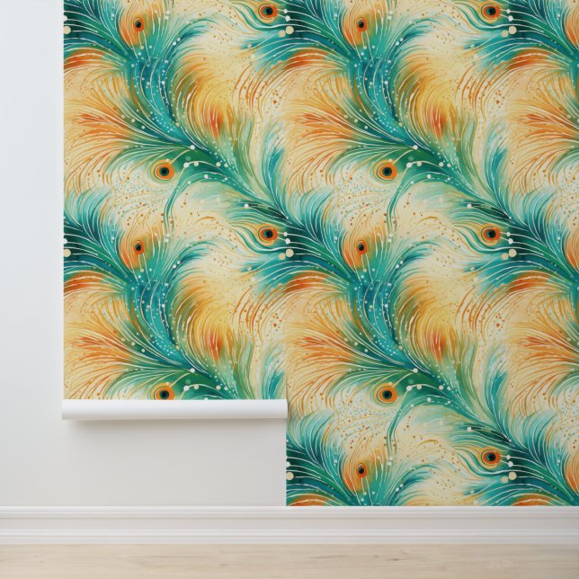 Papier Peint Tangerine Turquoise Abstraite Peacock Feathers (Application)