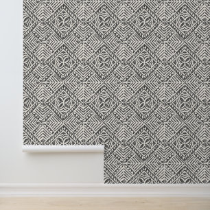 Papier Peint Tapa samoan Carreaux diamant polynésiens Charbon