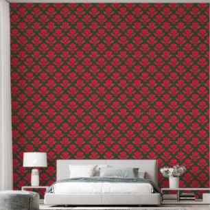 Papier Peint Tapisserie française rouge fleuris sur vert foncé