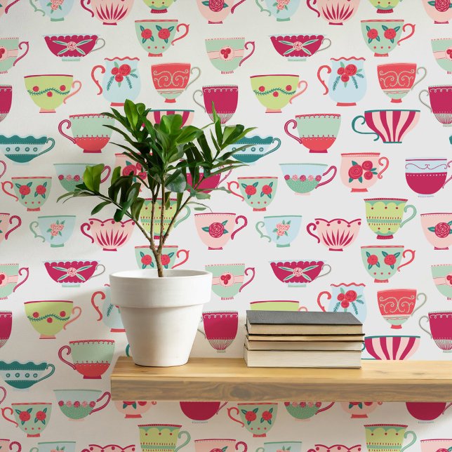 Papier Peint Teacups rétro (Retro teacup pattern art wallpaper)