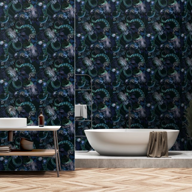 Papier Peint Tentacle Turquoise De Cthulhu Gothique Avec Fleurs (Salle de bain)