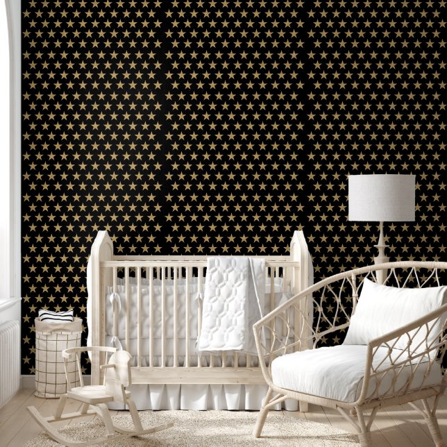Papier Peint Thème céleste Etoiles texturées or sur noir (Enfants)