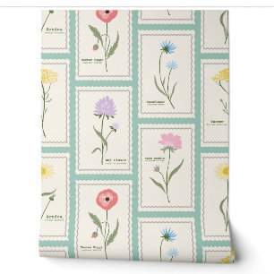 Papier Peint Timbre de Fleur Sauvage Botanique Vintage Collage