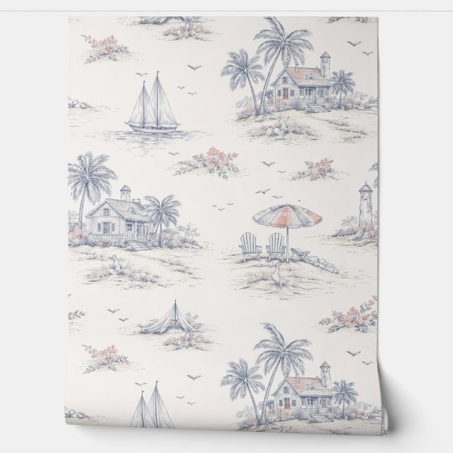 Papier Peint Toile de Jouy Bleue Côtière (Déroulement)