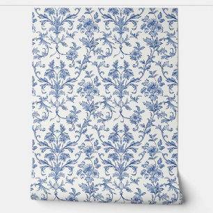 Papier Peint Toile de Jouy bleue motif floral de style country