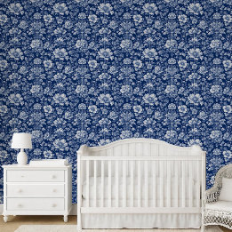 Papier Peint Toile de Jouy Florale Indigo Bleu Tradition Vintag