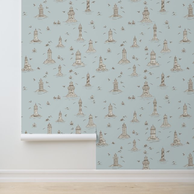 Papier Peint Toile de phare beige et bleu clair côtier (Application)
