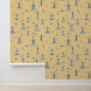 Papier Peint Toile de phare bleu foncé et jaune de style côtier