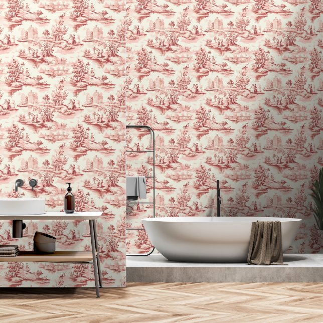Papier Peint Toile du Jouy Red Faux French  (Salle de bain)