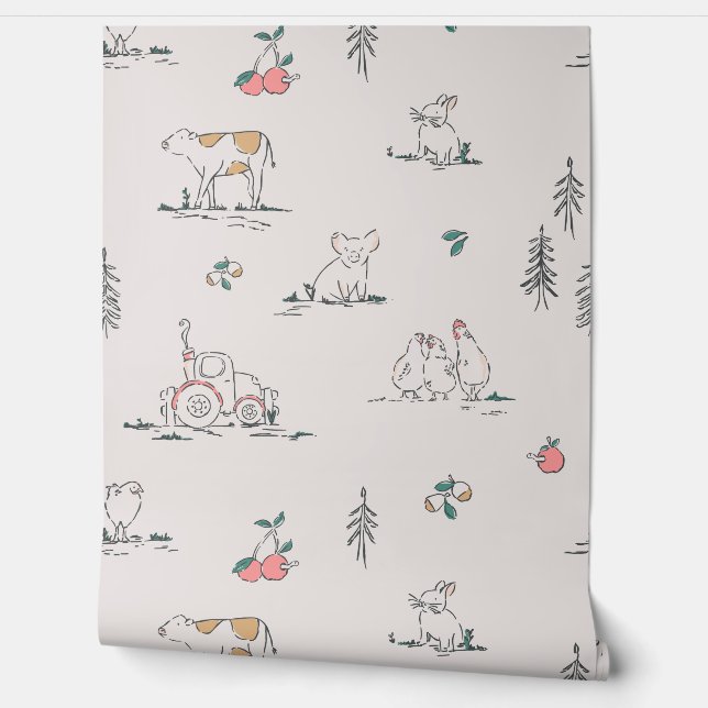 Papier Peint Toile pour animaux de ferme (rose, blanc cassé) (Déroulement)